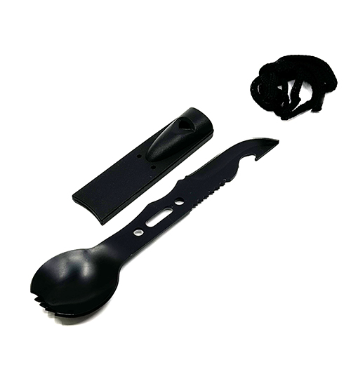 Cuchara, cuchillo, tenedor y silbato de emergencia